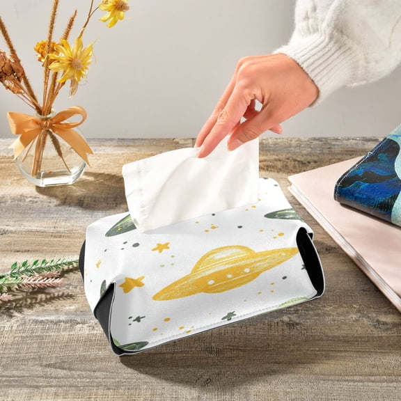 Green Yellow Ufos Crayon Painted Leather Tissue Box Cover Rectangle Tissue Holder Foldable