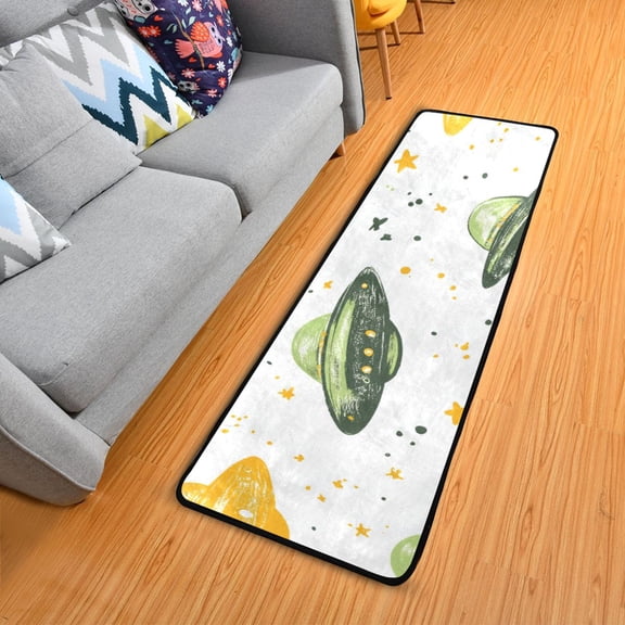 Green Yellow Ufos Crayon Painted Long Floor Mat Runner Rug Area Mat Noise Reduction Water Absorbent Non-Slip 72" x 24"