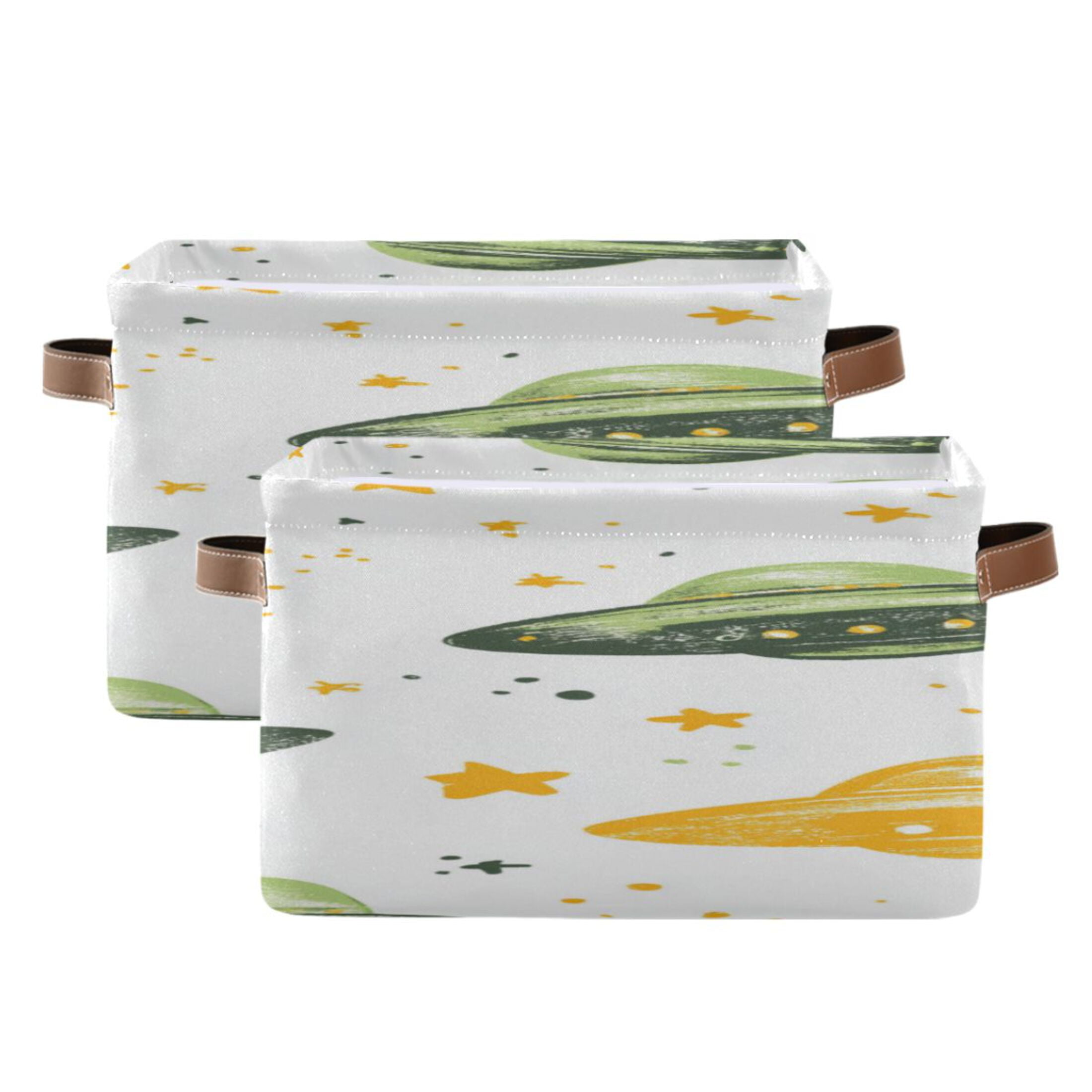 Green Yellow Ufos Crayon Painted Square Storage Bins with Handles Collapsible Containing Box 2 Packs