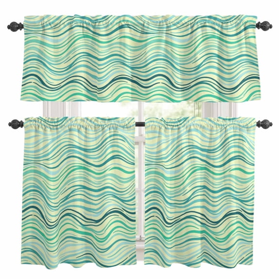 Green Yellow Wave Line Kitchen Curtains Valances and Tiers Set of 3 Abstract Line Modern Watercolor Tier Curtains and Valance with Rod Pocket for Small Windows, 27.5"x36"