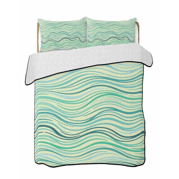 Green Yellow Wave Line Quilts Bedding Set Queen Size Abstract Line Modern Watercolor Lightweight Quilted Bedspread 3 Piece Bed Quilt with 2 Pillow Shams All Season for Bedroom 78" x 90"