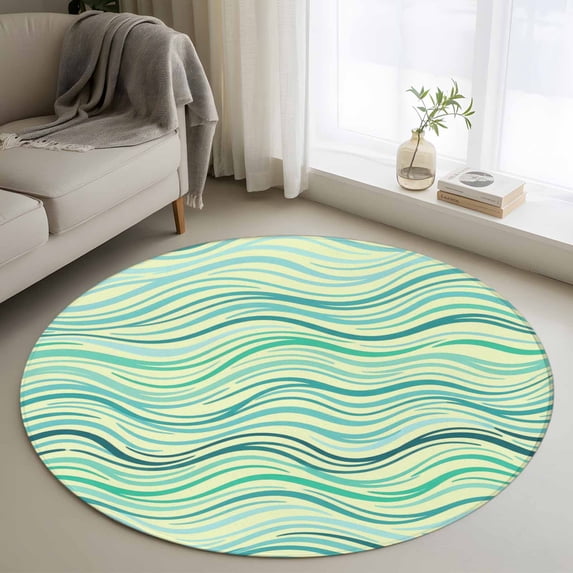 Green Yellow Wave Line Round Area Rugs 3 ft, Abstract Line Modern Watercolor Washable Small Area Rug with Non-Slip Sturdy Edge Binding Round Front Door Mat Floor Carpet for Entryway