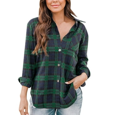 Green Young Adult Tops Flannel Plaid Light Weight Thin Jacket Shirts Long Sleeve Button Down Chest Pocketed Shirts Coats Shacket Womens Shirts Size L