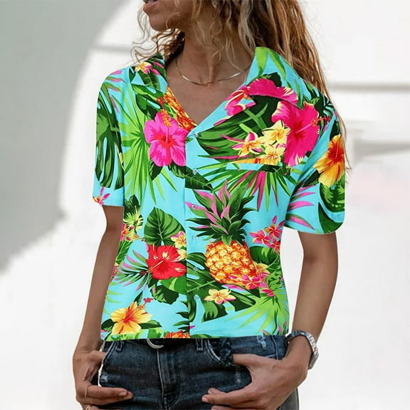 Green Young Adult Tops Flowers Leaves Blouse Pineapple Funky Shirt Frontpocket Women'S Print Women Shirts Plus Size Tops for Women
