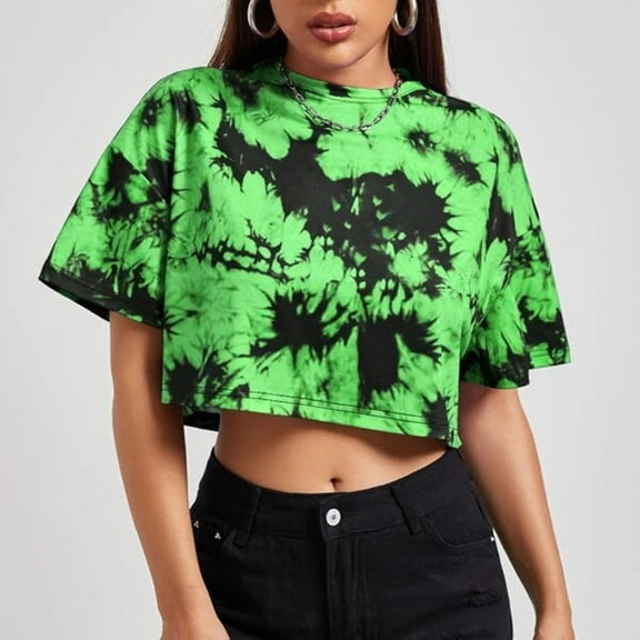 Green Young Adult Tops Ladies Blouses Round Neck T Shirts Tie Dye Trendy Printed Tee Comfy Clothes Casual Shirt Tops Plus Size Tops for Women