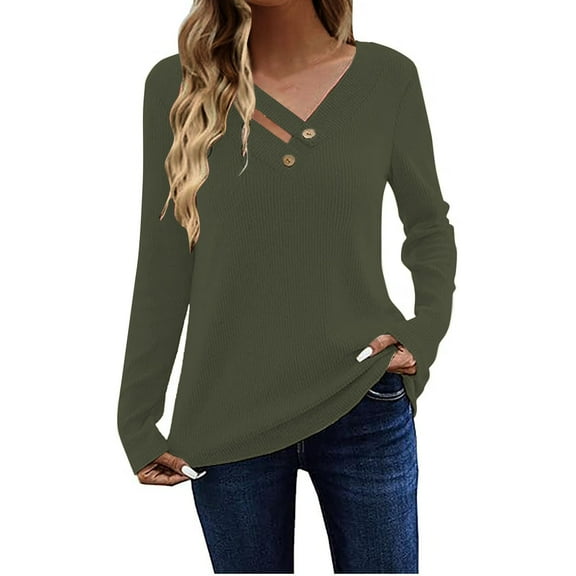 Green Young Adult Tops Long Sleeve Shirts for Women Casual Ribbed Knit Tops Loose Fit Comfy V Neck Tunic Tops Trendy Tshirts Blouses Plus Size Tops for Women