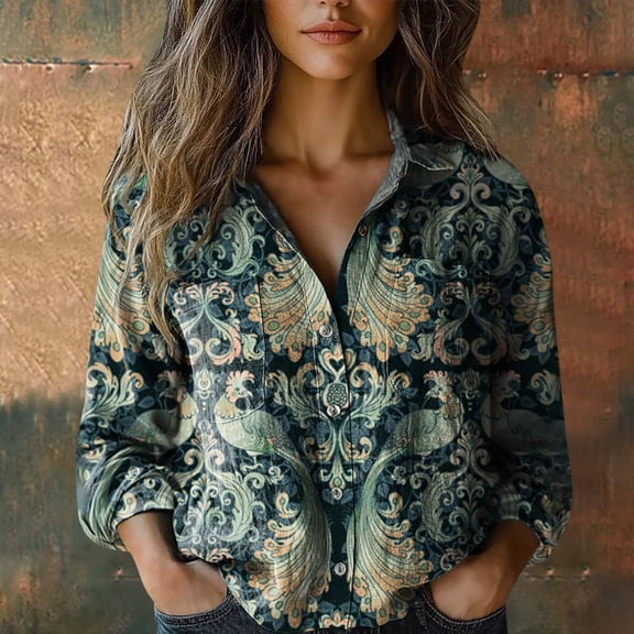 Green Young Adult Tops Women Cotton Shirt Printed Fashion Button Down Shirts Casual Tops Long Sleeve Blouse Plus Size Tops for Women