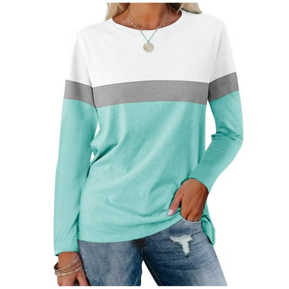 Green Young Adult Tops Women's Color Block Tunic Tops Casual Long Sleeve Shirts Round Neck Pullover Plus Size Tops for Women