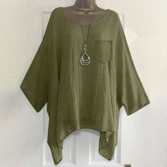 Green Young Adult Tops Women's Cotton and Linen Spring and Summer Loose Pocket Short Sleeved T Shirt Plus Size Tops for Women