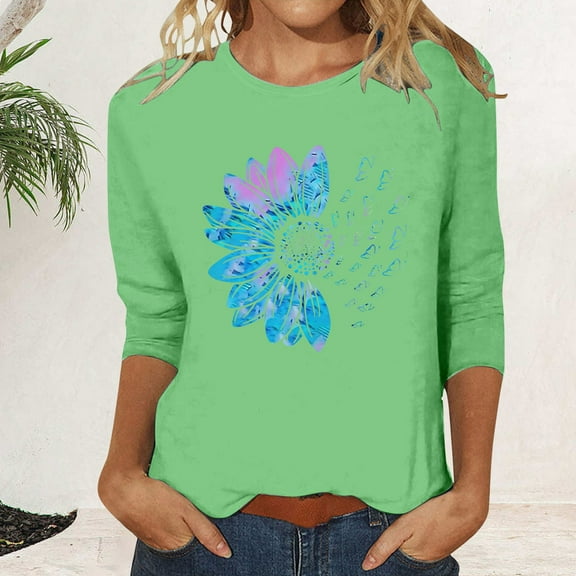 Green Young Adult Tops Women's Crew Neck Printed Seven Quarter Sleeve Casual T Shirt Top Going Out Tops for Women