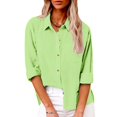 thumbnail image 1 of Green Young Adult Tops Women's Summer Solid Color Cotton and Linen Shirt with Pockets and Slit Long Sleeves Plus Size Tops for Women, 1 of 3