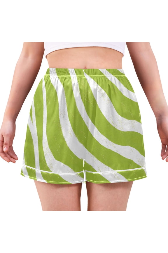 Green Zebra Pattern Women's Pajama Shorts Silky Satin Casual Lounge Sleep Zero Pressure