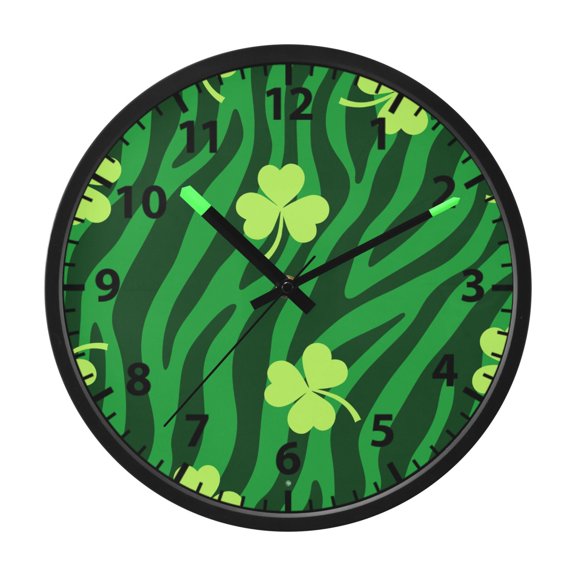 Green Zebra Print Clover Wall Clock 12 Inch Voice Activated Night Light Silent Non Ticking