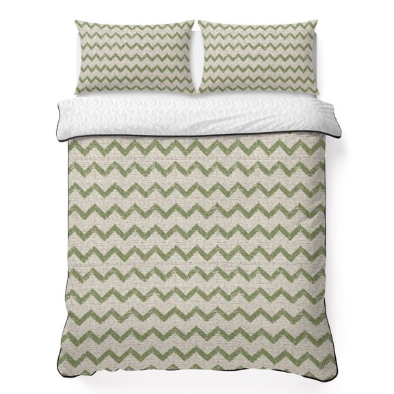 Green Zigzag Line 3 Piece Quilt Bedding Set with 2 Pillow Shams, Chevron Stripe Tribal Pattern Shabby Chic Farmhouse Lightweight Bedspread Coverlet, Soft Breathable All Season Quilt, 79 x 90 Inch
