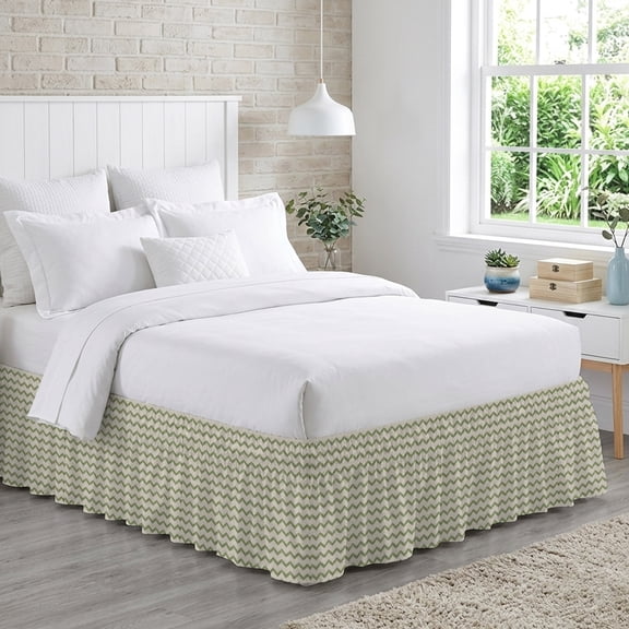 Green Zigzag Line Bed Skirt Queen Size 18 Inch Drop, Chevron Stripe Tribal Pattern Shabby Chic Farmhouse Adjustable Elastic Dust Ruffles Bedskirt for Queen Bed Wrap Around Pleated Mattress Cover