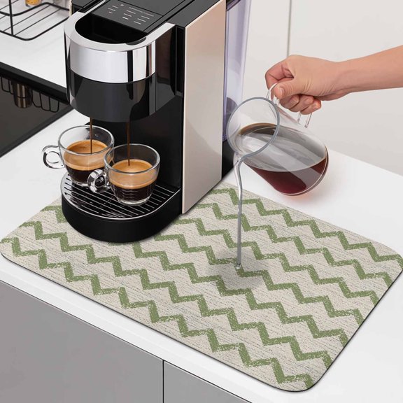 Green Zigzag Line Dish Drying Mats for Kitchen Counter, Chevron Stripe Tribal Pattern Shabby Chic Farmhouse Absorbent Coffee Bar Mat with Non-slip Rubber Backed Quick Drying Dish Rack Pad 12"x16"