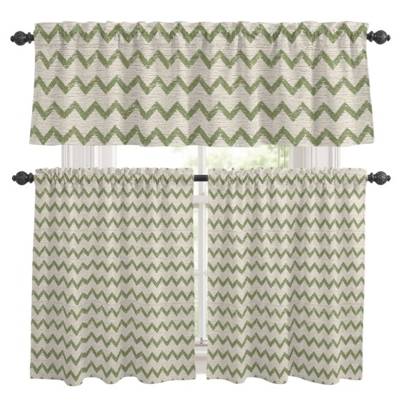 Green Zigzag Line Kitchen Curtains and Valances Set, Chevron Stripe Tribal Pattern Shabby Chic Farmhouse Rod Pocket Window Valance Window Curtain Panels for Living Room Bedroom, 27.5x24in, 3 Pieces
