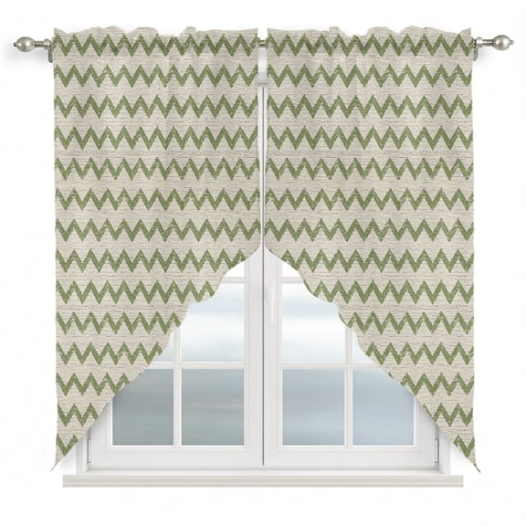Green Zigzag Line Swag Curtain Valance for Windows, Chevron Stripe Tribal Pattern Shabby Chic Farmhouse Window Treatments Short Swag Topper for Kitchen Windows Bathroom Bedroom, 36"x45"