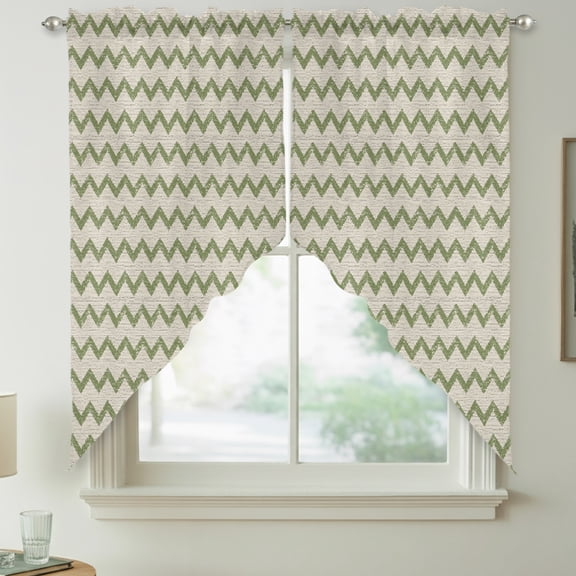 Green Zigzag Line Swag Kitchen Curtain Valances, Chevron Stripe Tribal Pattern Shabby Chic Farmhouse Rod Pocket Curtains Window Treatment Decor Valances for Bedroom Bathroom, 2 Panels 28 x 36 Inch