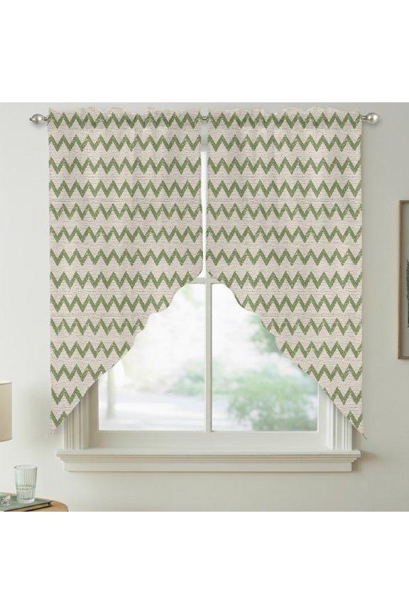 Green Zigzag Line Swag Kitchen Curtain Valances, Chevron Stripe Tribal Pattern Shabby Chic Farmhouse Rod Pocket Curtains Window Treatment Decor Valances for Bedroom Bathroom, 2 Panels 28 x 36 Inch