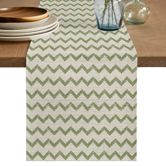 Green Zigzag Line Table Runner, Chevron Stripe Tribal Pattern Shabby Chic Farmhouse Cotton Linen Table Cloth, Tablerunner for Kitchen Dining Party Wedding Home Decor 13x36 Inch