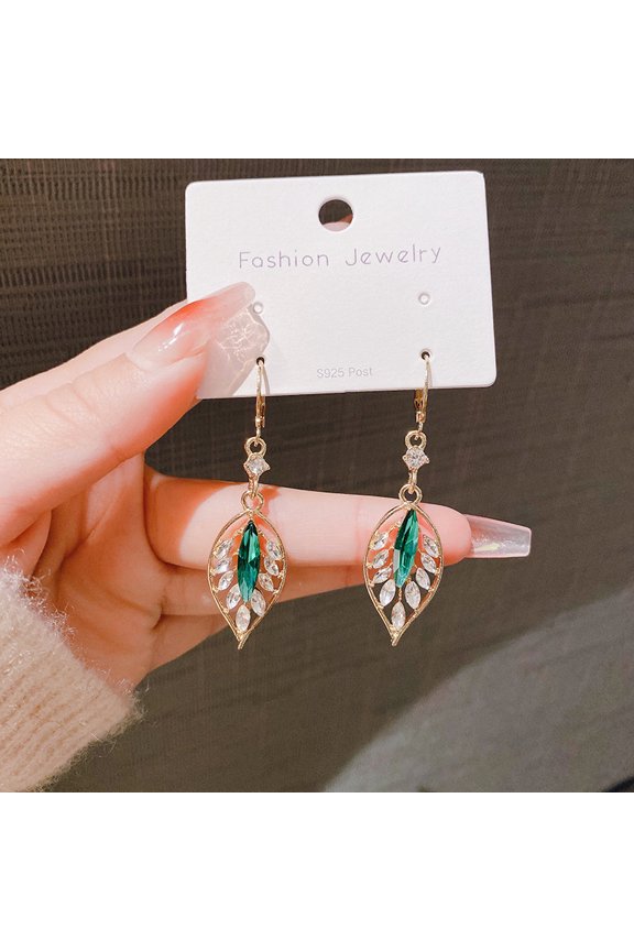 New Green Zircon Crystal Leaf Long Tassel Drop Earrings
