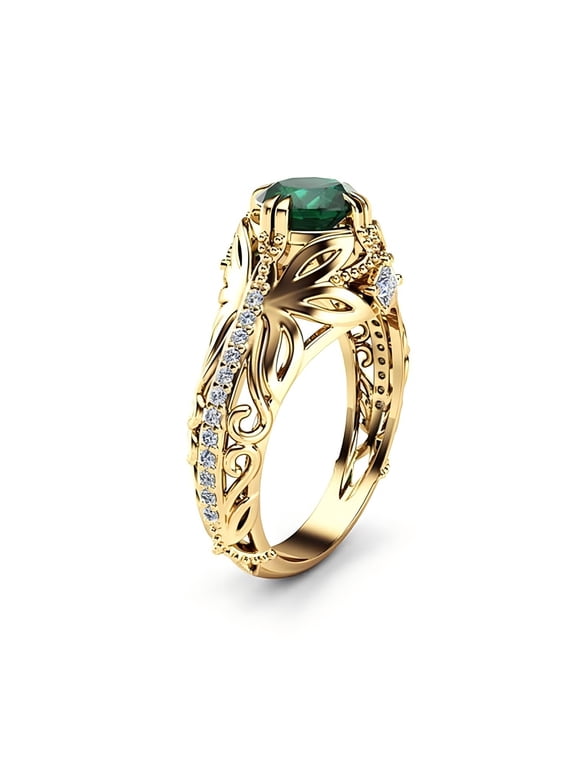 Green Zircon Ring For Women 14k Gold Plated Green Simulated Emerald Anniversary Engagement Wedding Ring-Size US-10