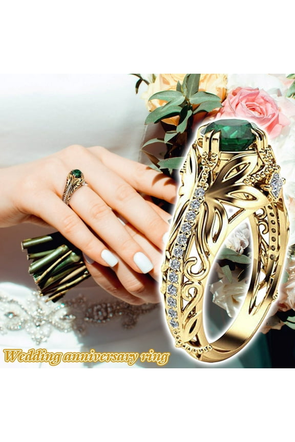 Green Zircon Ring Gold Plated Green Simulated Emerald Diamond Ring Beautiful Trinkets for Women Anniversary Birthday Gifts (Size 8)