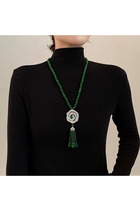 Green agate sweater necklace women's long Chinese style tassel pendant