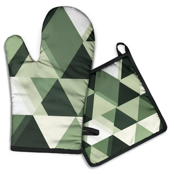 Green and Beige Modern Art Geometric Kitchen Oven Mitt and Pot Holder Sets 2 Pcs for Baking, Cooking and Grilling, Heat Resistant Up To 392 °F
