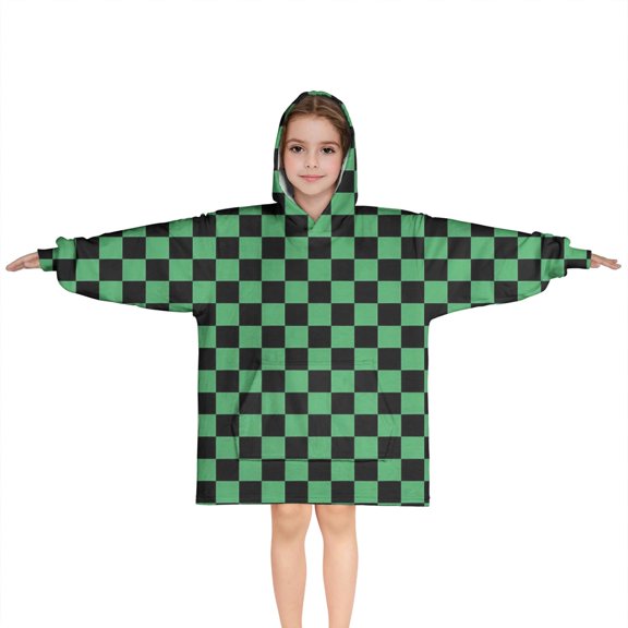 Green and Black Checkerboard Pattern Blanket Hoodies for Kids 6-13YR Oversize Wearable Blanket Hoodies for Boys Girls Teens