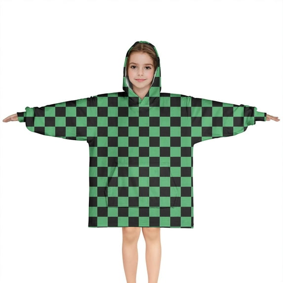 Green and Black Checkerboard Pattern Blanket Hoodies for Kids 6-13YR Oversize Wearable Blanket Hoodies for Boys Girls Teens
