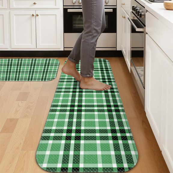 Green and Black Checkered Pattern 2 Piece Flannel Kitchen Floor Mat Set, Bathroom Floor Mats Soft Cushioned Gift Ideas for Kitchen Entryway Bathroom