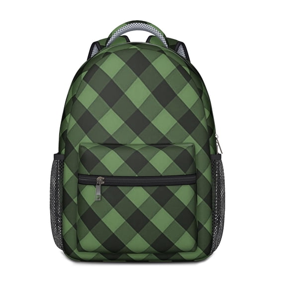 Green and Black Checkered Pattern Backpack for School, Cute School Bag with Adjustable Shoulder Straps and Padded Back, 15.3"x11"x6.7"