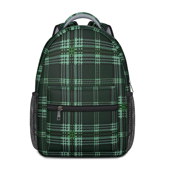 Green and Black Checkered Pattern Backpack for School, Cute School Bag with Adjustable Shoulder Straps and Padded Back, 15.3"x11"x6.7"