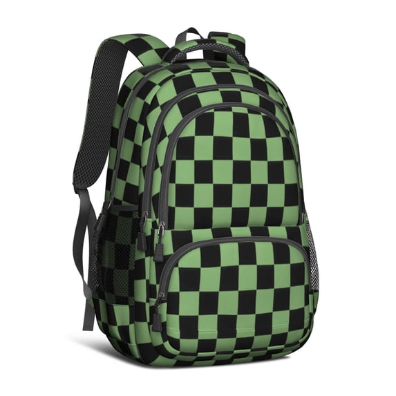 Green and Black Checkered Pattern Backpack for School, Cute School Bag with Adjustable Shoulder Straps and Padded Back, 16.9"x12.6"x5.9"