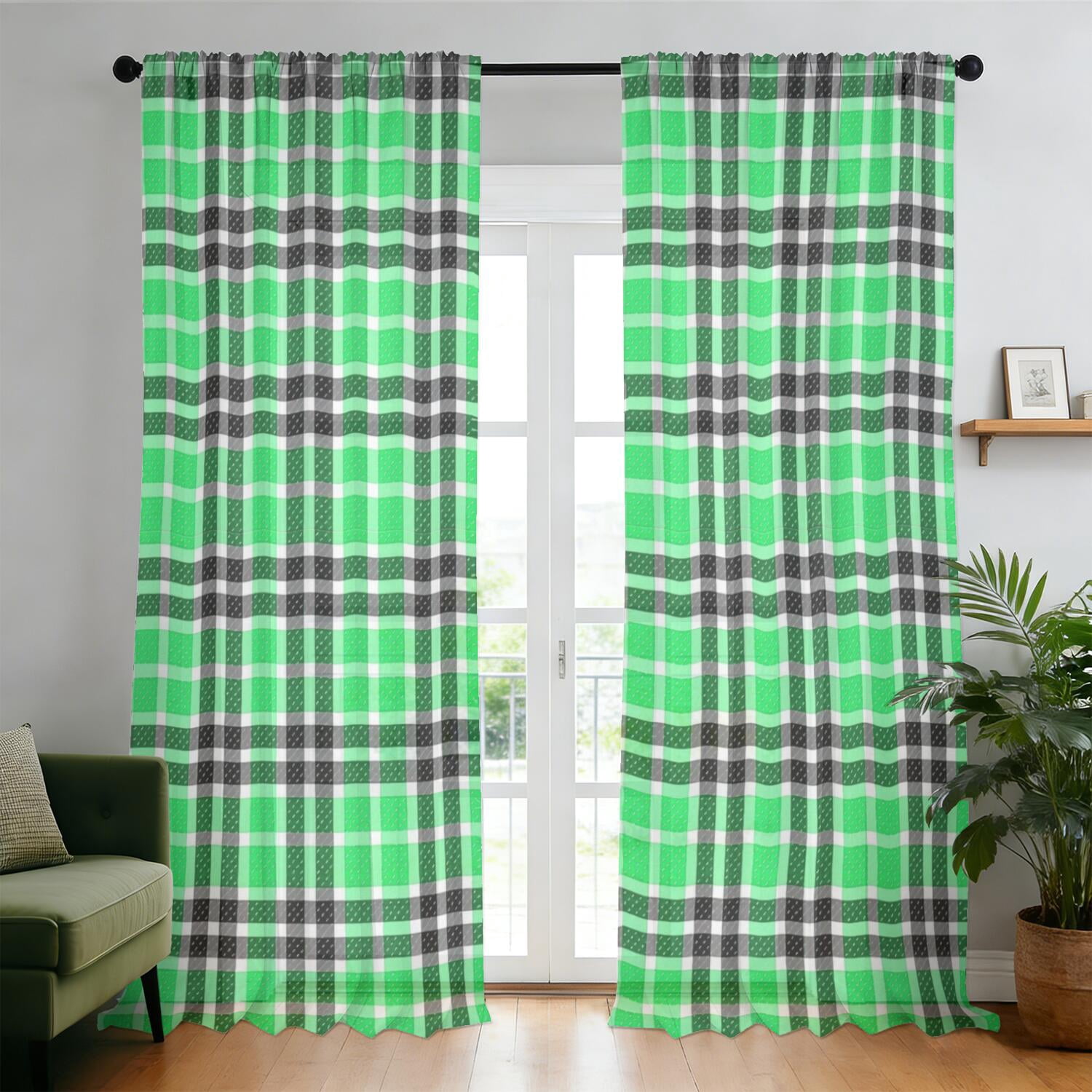 Green and Black Checkered Pattern Sheer Curtains, Sheer Window Panels ...