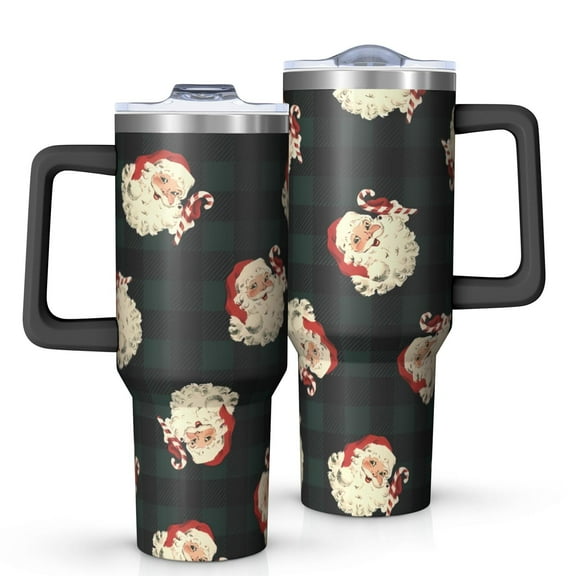 Green and Black Christmas Plaid Santa Pattern Tumbler with Handle and Lid,40oz Double Wall Vacuum Insulated Tumbler,Cups Gift for Women and Men
