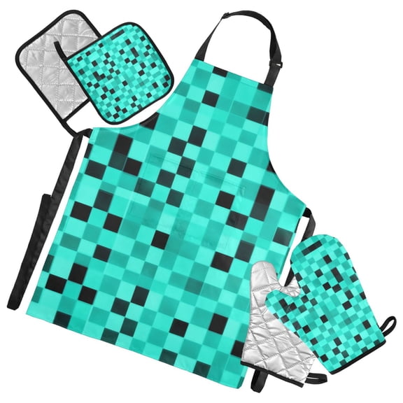 Green and Black Squares Oven Mitts and Pot Holders with Chef Apron Set 5 Pcs Kitchen Cooking Set