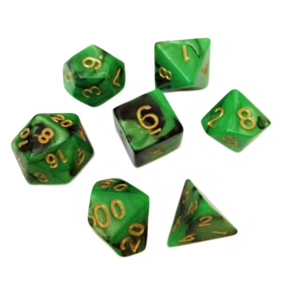 Green and Black Swirled Color - Pack of 7 Polyhedral Dice (7 Die in Set) | Role Playing Game Dice | D4, D6, D8, D10, D%, D12, and D20 -