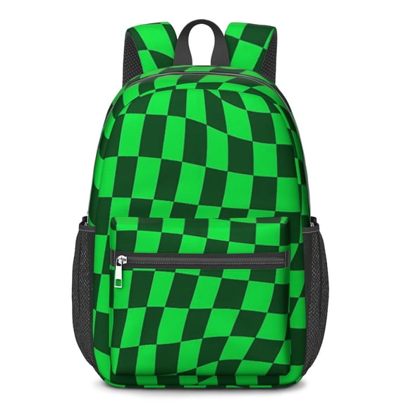 Green and Black Wavy Checkered 17" School Backpacks for Teens,Waterproof Oxford Fabric,S-Shape Padded Straps for School,Travel,Hiking,Camping