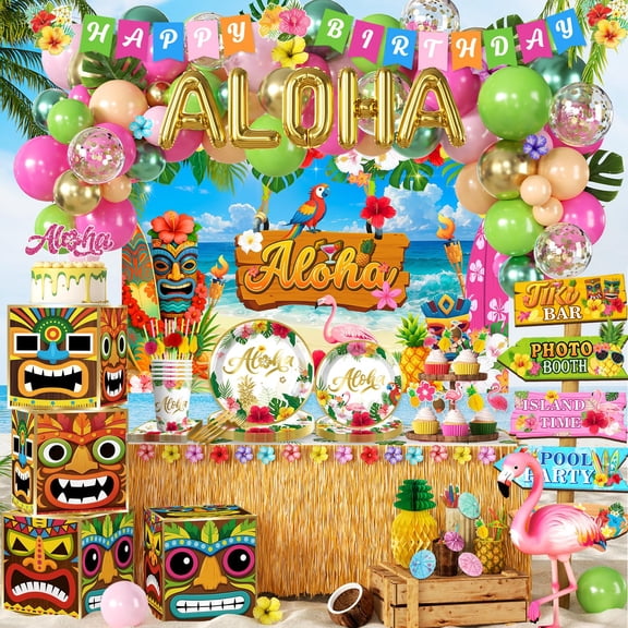 Green and Blue Hawaiian Party Decorations Complete Party Set, Serves for 25 Guests with Banner, Balloon Arch, Tableware 320pcs