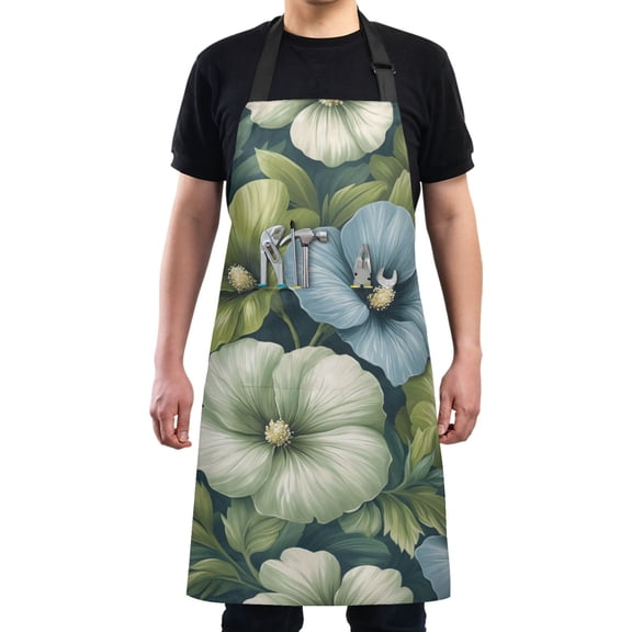 Green and Blue Hibiscus Chef Kitchen Apron with Pockets for Women Waterproof Aprons for Cooking Baking