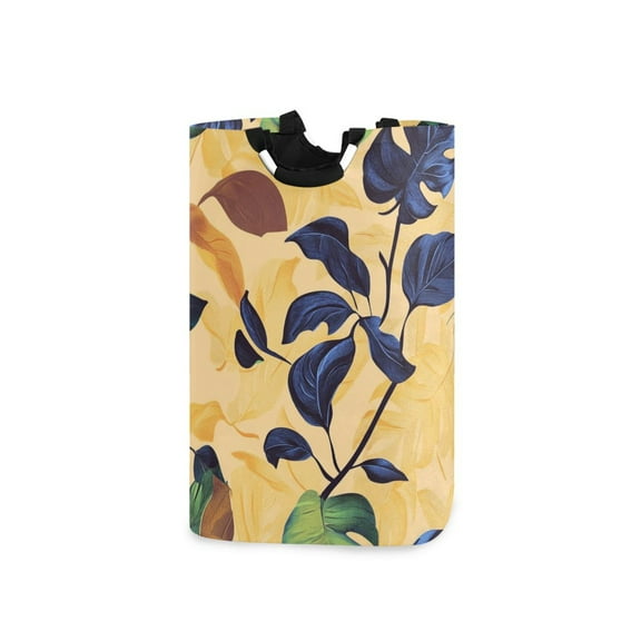 Green and Blue Leaf on Gold Leaf Laundry Basket with Handles 50L Collapsible Laundry Hamper for Bathroom Bedroom Laundry Room