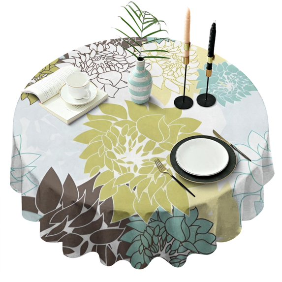 Green and Blue Pioneer Flower Pattern Round Tablecloth 60"x60",Wrinkle Wipeable Table Cloth for Kitchen Dining Room Picnic Patio Party