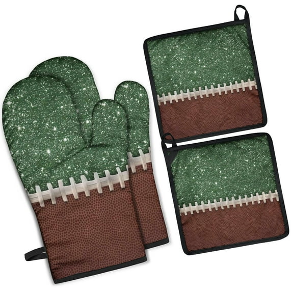 Green and Brown Football Stitch Pattern Kitchen Oven Mitt and Pot Holder Sets 2 Pcs for Baking, Cooking and Grilling, Heat Resistant Up To 392 °F