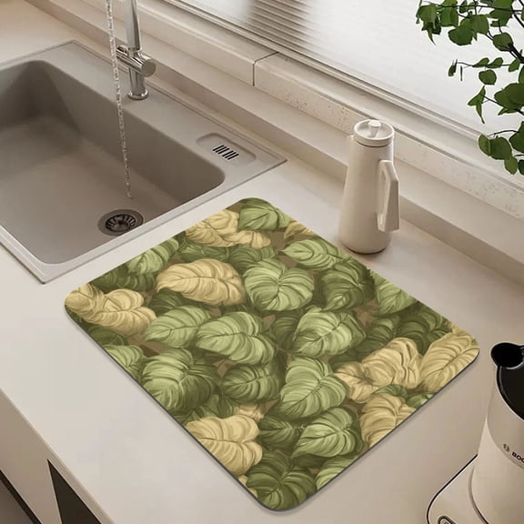 Green and Brown Leaf Dish Drying Mat for Kitchen Counter Absorbent Drainer Mats (15.7X11.8inch)