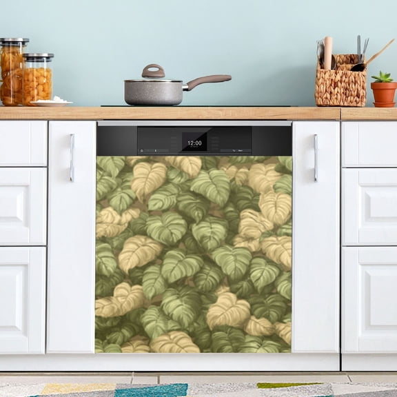 Green and Brown Leaf Dishwasher Magnet Cover Reuseable Refrigerator Magnet Cover Decal Fridge Microwave Stickers Hoilday Party Decor 23 x 26 Inch