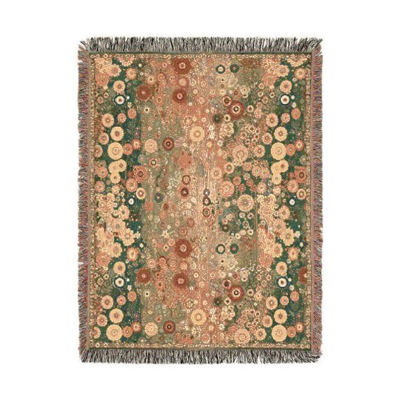 Green and Coral Geometric Circle Woven Throw Blanket, 100% Cotton, Bohemian Style for Living Room