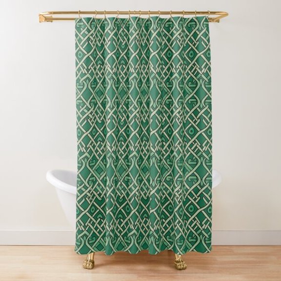 Green and Cream Interlaced Celtic Knotwork Shower Curtain, 100% Polyester, Geometric Bathroom Decor